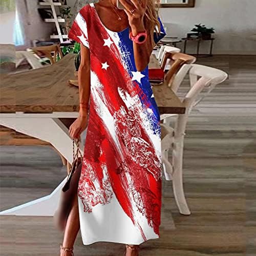 4th Temmuz Elbise Kadınlar için Yaz Casual Boho Maxi Elbise Amerikan Bayrağı Kısa Kollu Scoop Boyun Kravat Boya Uzun