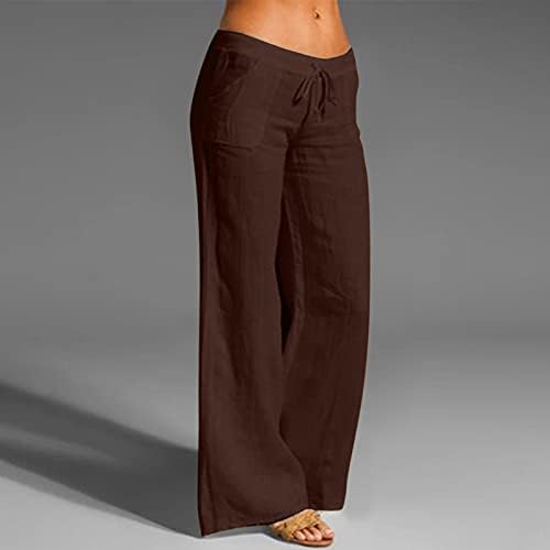 Meymia Yaz kadın Pamuk Keten Pantolon Rahat Düz Renk Gevşek Fit Geniş Bacak Düşük İpli Bel Uzun Pantolon Plaj Çalışma