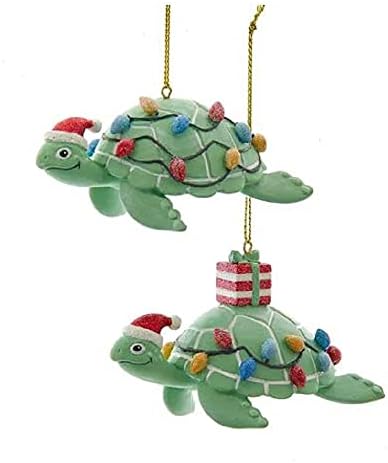 Kurt S. Adler Kaprisli Yeşil Deniz Kaplumbağaları Santa Şapkalar Noel Tatil Süsler 2 Set
