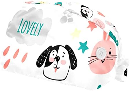 2 Paket Doodle Güzel Köpekler Ayarlanabilir çalışma kapağı Düğmeli Ter Bandı Hemşireler için Kadın At Kuyruğu Şapka