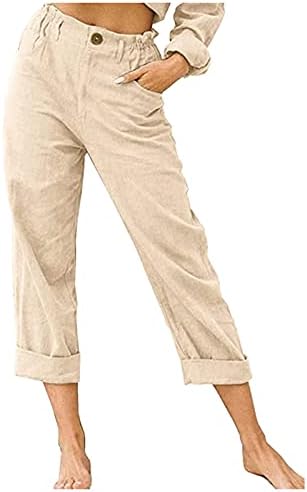Yaz Rahat kapri pantolonlar Kadınlar için Katı Elastik Bel Yüksek Bel Keten Cepler ile Kırpılmış Gevşek Fit pamuklu