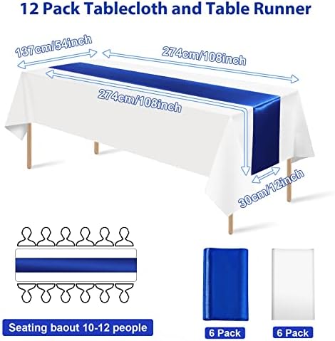 12 Adet 12X108 İnç Saten Masa Koşucu ve 53X108 İnç Plastik Masa Örtüleri Kraliyet Mavi ve Beyaz Tek Kullanımlık Dikdörtgen