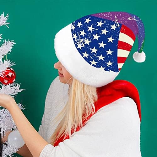 Karışık Eşcinsel Bayrağı ile Amerikan Bayrağı Noel Şapka Noel Baba Şapka Kısa Peluş Beyaz Manşetleri ile Erkekler