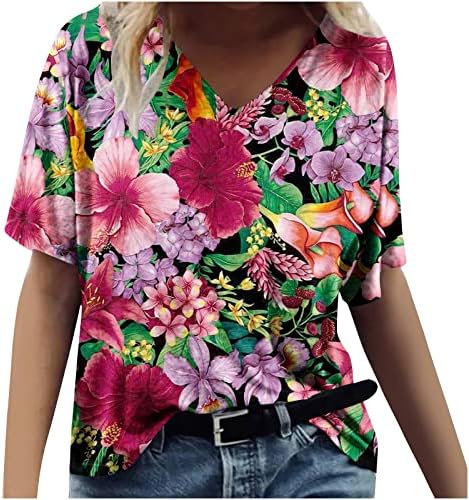Kadınlar için çiçek Üstleri Kısa Kollu 3D Baskı Bahar Bluz Yaz V Boyun Hawaii Gömlek Casual Gevşek Plaj Tişörtleri