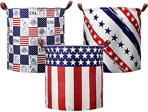 3 Adet Büyük çamaşır kollu sepet Amerikan Yıldız ve Bayrak 4 Temmuz Yurtsever Katlanabilir Depolama Sepeti Kirli Giysiler