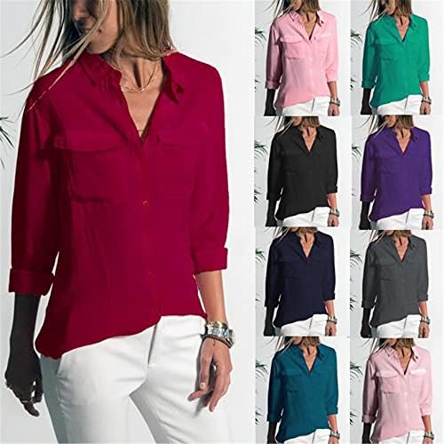 Andongnywell Düz Renk Rahat Yaka Uzun Kollu Gömlek Cep Gömlek kadın giyim Yaz Renkli Üstleri