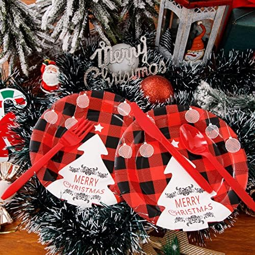 WELLİFE 125 ADET Kırmızı Noel Kağıt Tabak Seti-Noel Ağacı ve Noel Çanları Tasarımlı Noel Partisi Tabakları, 25 Kağıt
