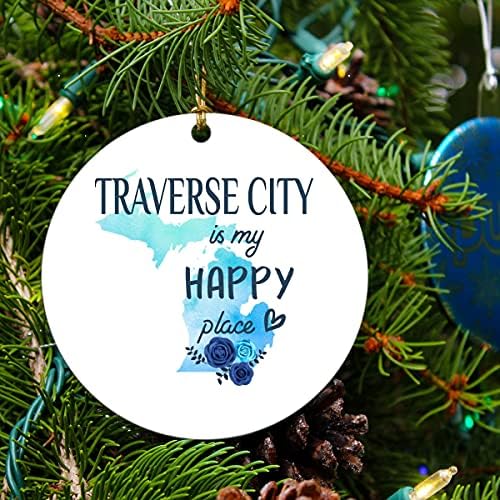 Şehir Adı Süslemeli Noel Süs Ağacı 2022 Traverse City Michigan Benim Mutlu Yerim - Traverse City Mİ Süsler-Noel Dekorasyonu