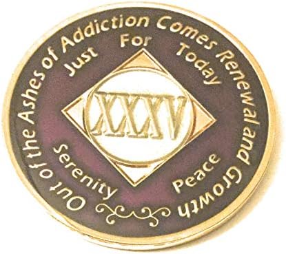 Kurtarma Hattı 35 Yıl NA Koyu Mor ve Altın Üç Plakalı Madalyon-Çip, Madeni para, Jeton