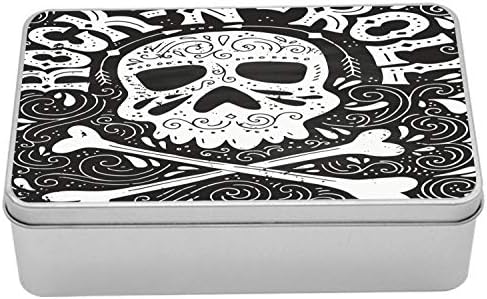 Ambesonne Rock and Roll Teneke Kutu, Tek Renkli Tarzda Gotik Tipografi ve Süslü Kafatası Kemikleri, Kapaklı Taşınabilir