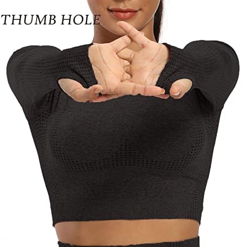 GYMSPT Dikişsiz Uzun Kollu Kırpma Üst Kadınlar için Egzersiz Spor Spor Giyim Thumb Delik Tee Streç