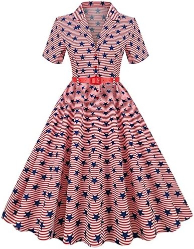 Yaz Diz Boyu Elbiseler Kadın Vintage 1950s Retro Kısa Kollu V Boyun Bayrak Baskı Parti Balo Salıncak Kadın Yaz