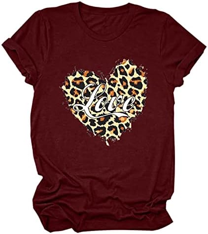 Sevgililer Çift Kadınlar için Kısa Kollu Crewneck T-Shirt Leopar Aşk Kalp Baskı Bluz Yaz Rahat Tunik Üst