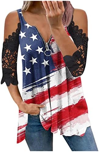 Kadın Amerikan Bayrağı Yıldız Çizgili Dantel Soğuk Omuz T-Shirt 4th Temmuz Bağımsızlık Günü Gevşek Grafik Gömlek