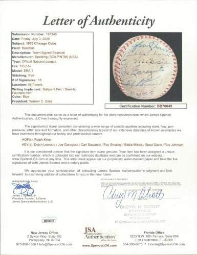 1953 Chicago Cubs Takımı İmzaladı Ulusal Lig Giles Beyzbol JSA COA İmzalı Beyzbol Topları ile