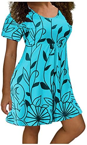 Artı Boyutu Hawaii Elbise Kadınlar için 2023 Yuvarlak Boyun Çiçek Sundress Önlüklü Kısa Kollu Mini Elbise Moda Büyük