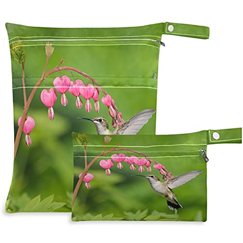 visesunny Hummingbird Yaklaşıyor güzel kanama kalp çiçekler fermuarlı cepli 2 adet ıslak çanta Yıkanabilir kullanımlık