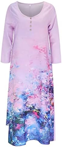 Kadınlar için yensiz, Boho Elbise Kadınlar için Yaz 3/4 Kollu Sundress Çiçek Düğme Boyun Maxi Elbise Cepler ile