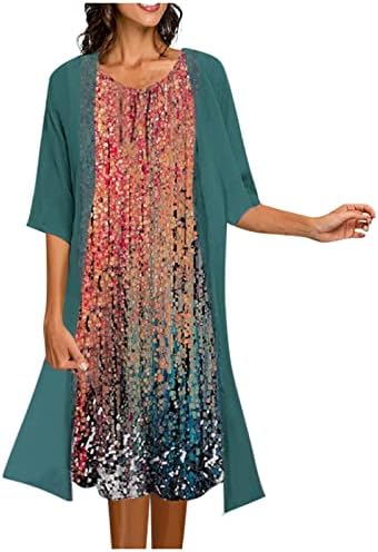 Elbiseler Kadınlar için 2023 Baggy Şifon Scoop Boyun Çiçek Baskılı Midi Sundress Kokteyl 2 Parça Ceket Elbise Seti