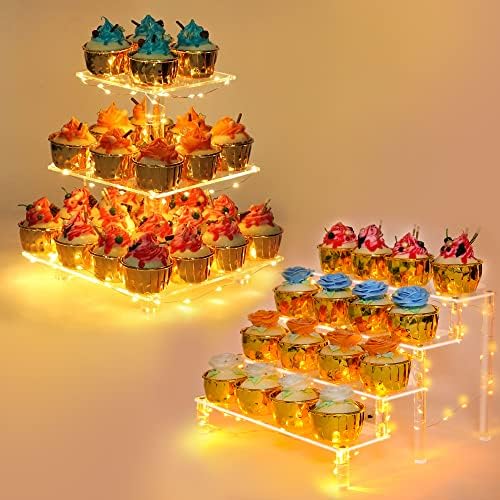 4 Katmanlı Raf Kek Pop Standı (Sarı) + 3 Katmanlı Şeffaf Kare Cupcake Standı-Premium Cupcake Tutucu-Akrilik Cupcake