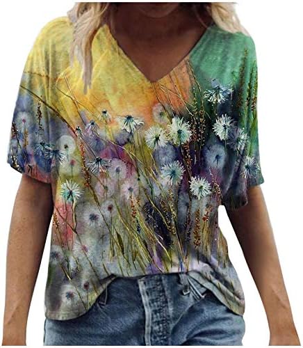 Yaz Bayan Gevşek Uydurma Üstleri Doğal Çiçekler Baskı Bluzlar V Boyun Kısa Kollu Tees Casual Boy Tişörtleri