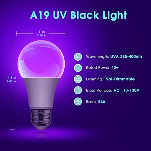 Briignite Siyah Ampuller, A19 LED Siyah Ampul, 10W Eşdeğer 75W UV Ampul, E26 Taban, UVA Seviyesi 385-400nm, Glow Partisi