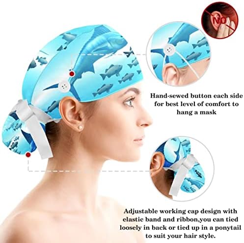 Cerrahi Kap Kabarık Kapaklar Çalışma Kapağı Düğmeler ve Yay ile Saç Scrunchie Kadınlar için,Uzun Saç, Marlin Balığı