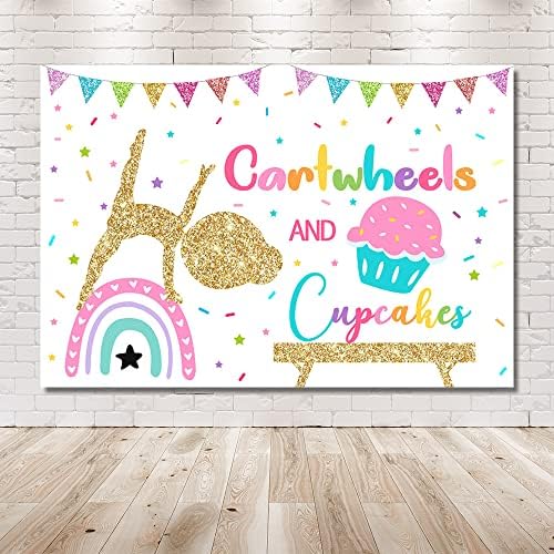 MEHOFOND Jimnastik Kız Doğum Günü Backdrop Cartwheels ve Cupcakes Banner Konfeti Altın Glitter Renkli Spor Salonu