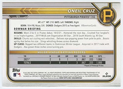 2022 Okçu 51 Oneil Cruz RC Çaylak Pittsburgh Pirates MLB Beyzbol Ticaret Kartı