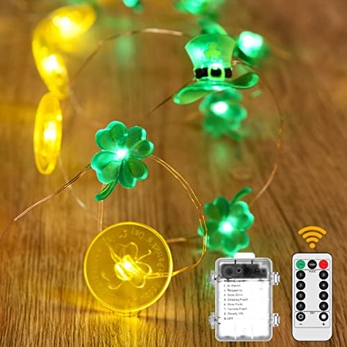 Jspupifip Aziz Patrick ışıkları, 10Ft 30 LED Shamrock yeşil ışıklar pil kumandalı dize ışıkları ile 8 modları, leprikon