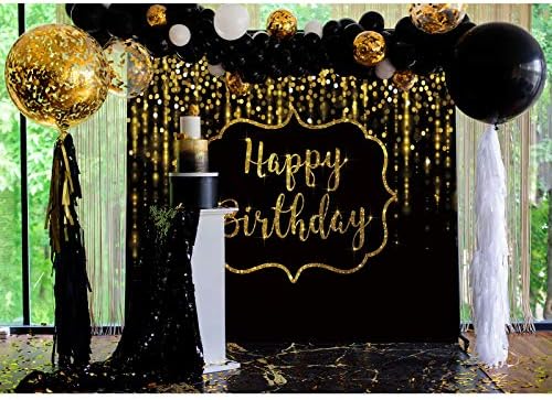Allenjoy 7x5ft Mutlu Doğum Günü Zemin için Kadın Erkek Siyah ve Altın Yıldönümü Parti Malzemeleri Süslemeleri Glitter