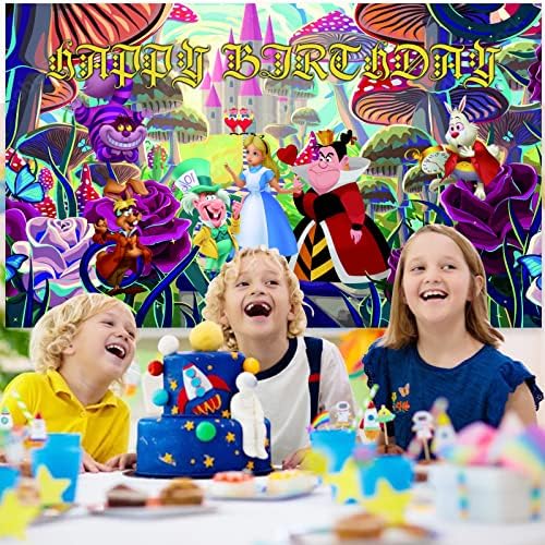 Alice in Wonderland Parti Süslemeleri Afiş, 5x3ft Mutlu Doğum Günü Backdrop Alice in Wonderland Parti Malzemeleri