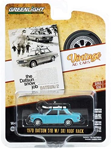 Oyuncak Arabalar 1970 Datsun 510 Mavi kayak tavan portbagajı En Datsun Kar İş Vintage Reklam Arabalar Serisi 7 1/64