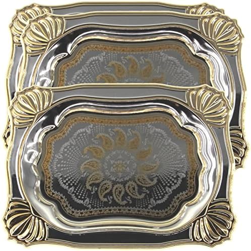 Maro Megastore (3'lü Paket) 14 İnç x 10.2 İnç Dikdörtgen Krom Kaplama Ayna Servis Tepsisi Demir Gümüş Altın Çiçek