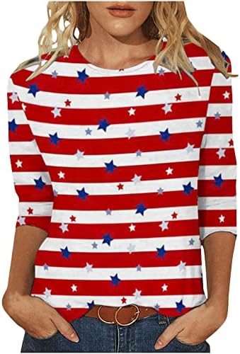 Salon Gömlek Bayanlar için Sonbahar Yaz 3/4 Kollu Ekip Boyun Amerikan Bayrağı Yıldız Grafik Üstleri Tişörtleri Genç