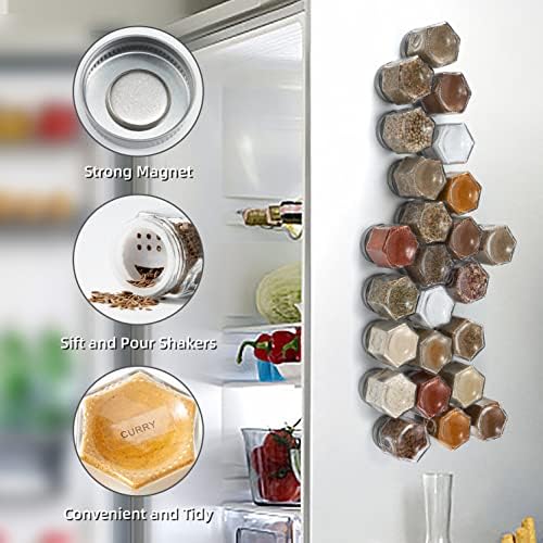 Homazıng Buzdolabı için 24 Manyetik Baharat Kavanoz Seti, Çalkalayıcı Kapaklı Altıgen Cam Manyetik Baharat Kavanozları