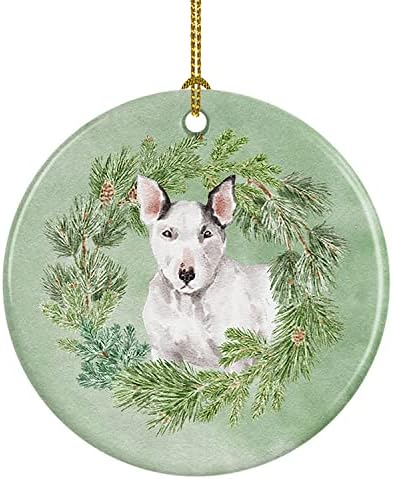 Caroline's Treasures CK8814CO1 Bull Terrier Beyaz Noel Çelengi Seramik Süsleme, Ev için Noel Ağacı Süsleri, Noel için
