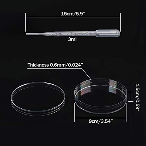 KEİLEOHO 50 ADET Plastik Petri Kabı, 90mm Çap × 15mm Derin Şeffaf Petri Kabı Kapaklı Steril Kültür, 100 ADET 3ml Transfer