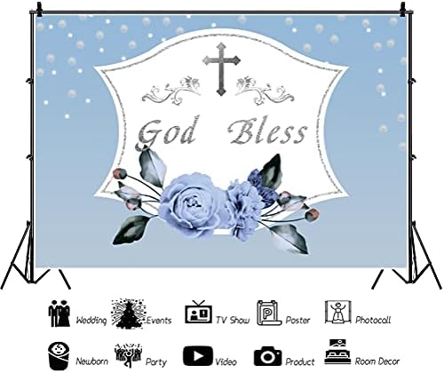OERJU 10x8ft Tanrı Korusun Zemin Vaftiz Parti Çocuk İlk Komünyon Vaftiz Afiş Dekor Noktalar Mavi Çiçeklenme Çiçek