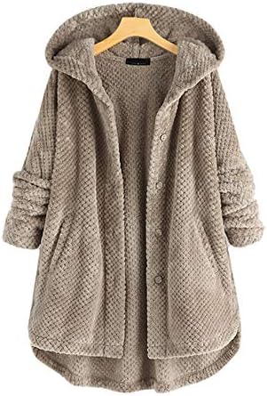 Andongnywell Bayan Flanel Ceket Katı Açık Ön Kapşonlu Düğmeler Mont Uzun Kollu Dış Giyim Cepler (Haki, XX-Large)
