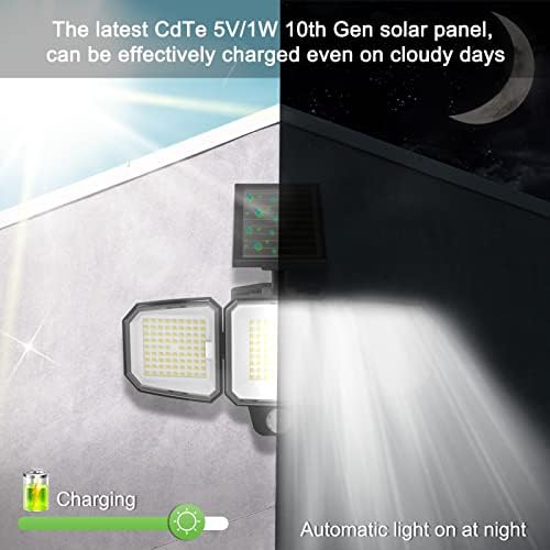 CEOTIS Güneş dış mekan ışıkları, 240 LED 3500LM Hareket sensörü ışıkları, IP65 Su geçirmez 3 kafa güvenlik sel ışıkları,