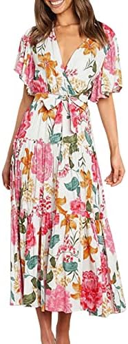 Kadın Çiçek Yaz Maxi Elbise Wrap V Boyun Kısa Kollu Kuşaklı Fırfır Etek A-Line Bohemian Plaj Tatil Uzun Elbiseler