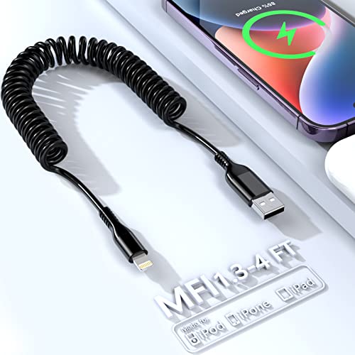Araba için Sarmal iPhone Şarj Kablosu, [MFi Sertifikalı ] Sarmal Yıldırım Kablosu Apple Şarj Kablosu Geri Çekilebilir