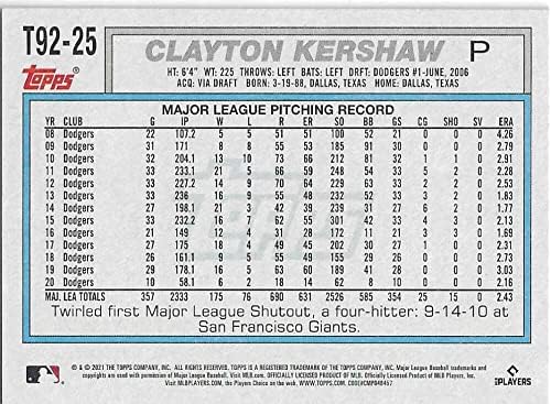 2021 Topps Güncellemesi 1992 Topps Redux T92-25 Clayton Kershaw NM-MT Dodgers