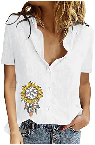 Bayan Düğme Aşağı T Shirt Kısa Kollu Keten pamuklu bluz Rahat V Boyun Tunik Üst Hintliler Etnik Tarzı Bluz Tops