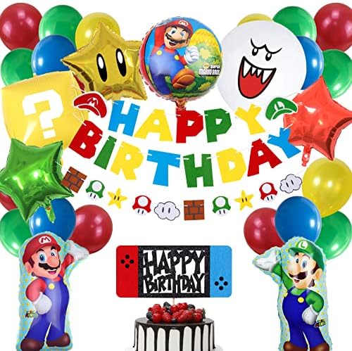 KARAQY Süper Mario Doğum Günü Parti Malzemeleri-Mario Doğum Günü Afiş, Mario ve Luigi Bros Oyunu Balonlar, Boo Balon,