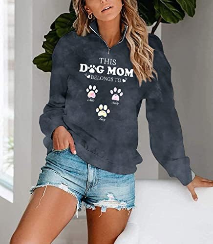 TAKEYAL Köpek Anne Kravat boya Tişörtü Kadın Komik Köpek Pençe Grafik Gömlek Casual Kazak Uzun Kollu Üst Bluz