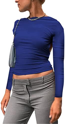 Kadınlar Casual Tee kadın Moda Katı Backless T Shirt Kırpma Üst Rahat Kısa Kollu Bayan Kalın Uzun Kollu