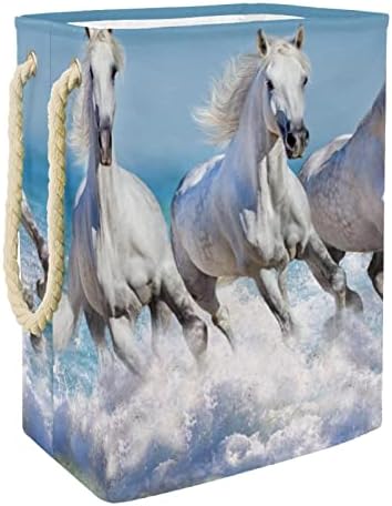 Inhomer Üç Beyaz Koşu Atlar Su Mavi Gökyüzü Büyük Çamaşır Sepeti Su Geçirmez Katlanabilir Giysi Sepeti Sepet Giyim